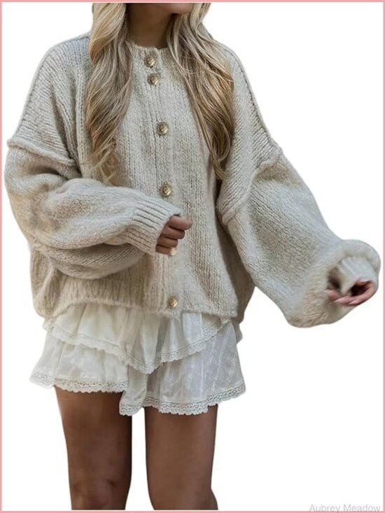 Sweaters - Oversized Button Up Cardigan Sweater Bishop Sleeve Fall Winter
